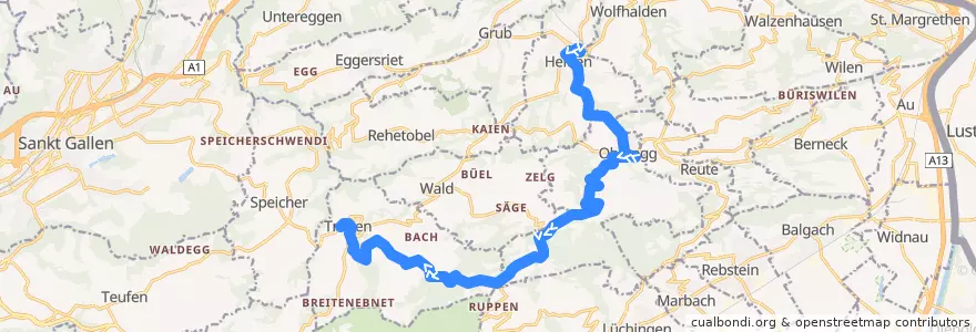 Mapa del recorrido Bus 229: Heiden => Oberegg AI => Trogen de la línea  en Sankt Gallen.