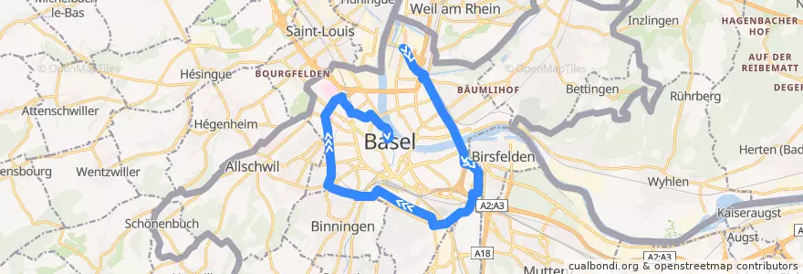 Mapa del recorrido Bus 36: Kleinhüningen => Erlenmatt => Schifflände de la línea  en Basel.