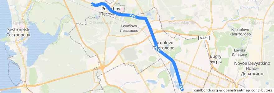 Mapa del recorrido Автобус № 109Б: станция метро «Озерки» => Песочный, Белоостровское шоссе de la línea  en Выборгский район.