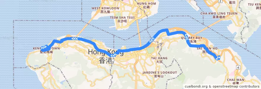 Mapa del recorrido Bus 18X (Shau Kei Wan → Kennedy Town (Belcher Bay)) de la línea  en Hong Kong.
