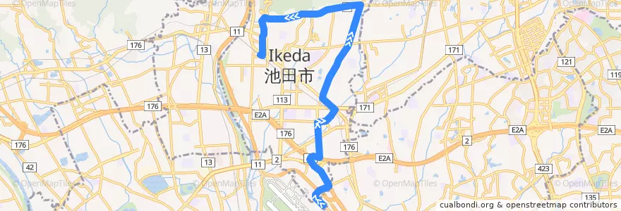 Mapa del recorrido 11: 大阪国際空港→池田（井口堂経由） de la línea  en 池田市.