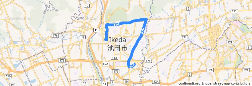 Mapa del recorrido 11: 石橋北口→池田（文化会館前経由） de la línea  en 池田市.
