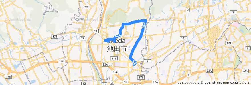 Mapa del recorrido 12: 石橋北口→池田（井口堂経由） de la línea  en 池田市.