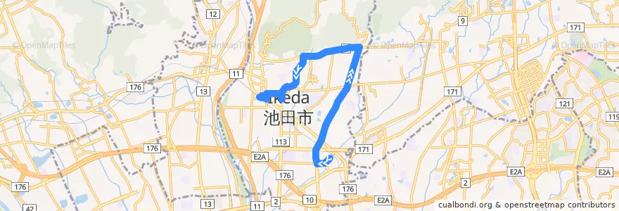 Mapa del recorrido 12: 石橋北口→池田（文化会館前経由） de la línea  en 池田市.