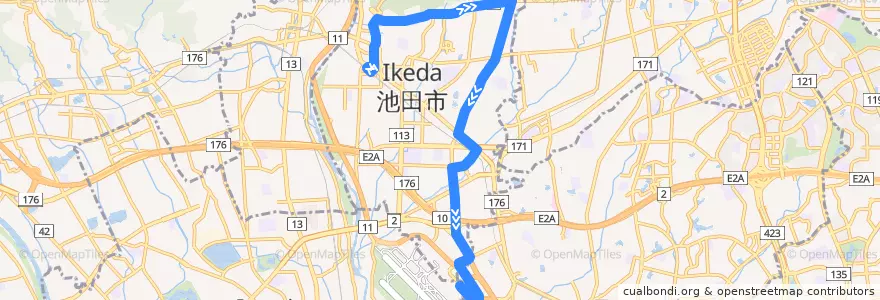 Mapa del recorrido 1: 池田→石橋北口（井口堂経由）→大阪国際空港 de la línea  en 池田市.