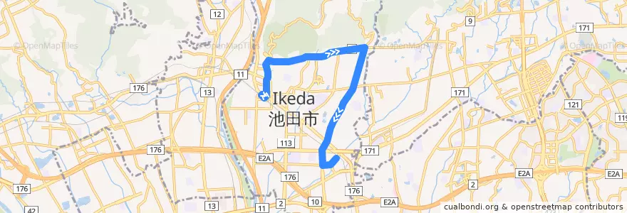 Mapa del recorrido 1: 池田→石橋北口（文化会館前経由） de la línea  en 池田市.