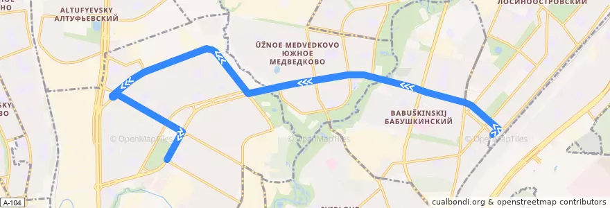 Mapa del recorrido Автобус 838: Станция Лосиноостровская => Микрорайон 4 «Д» Отрадного de la línea  en Nordöstlicher Verwaltungsbezirk.