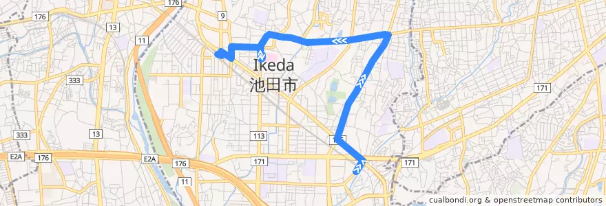 Mapa del recorrido 13: 石橋北口→池田 de la línea  en 池田市.