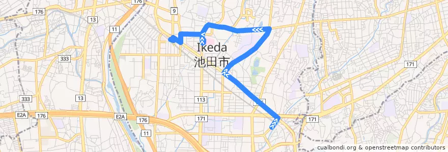 Mapa del recorrido 14: 石橋北口→池田 de la línea  en 池田市.