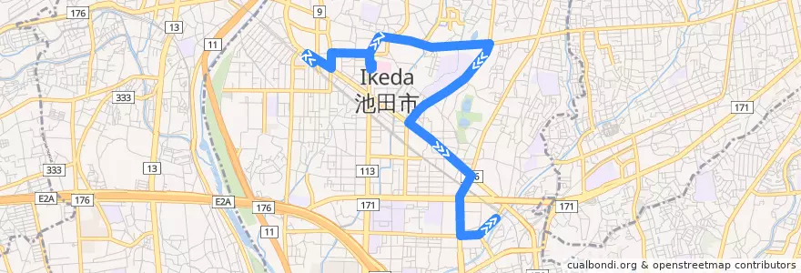 Mapa del recorrido 4: 池田→石橋北口 de la línea  en 池田市.