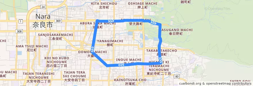 Mapa del recorrido 市内循環・外回り (Nara City Loop line) de la línea  en Nara.