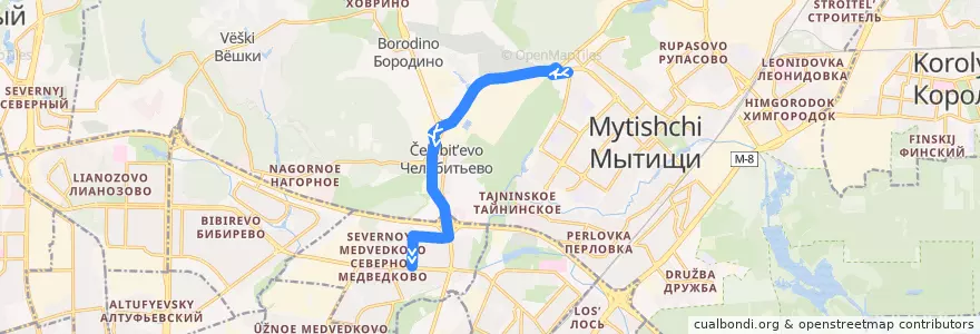 Mapa del recorrido шаттл ТРЦ "Июнь"-м.Медведково de la línea  en Oblast de Moscou.