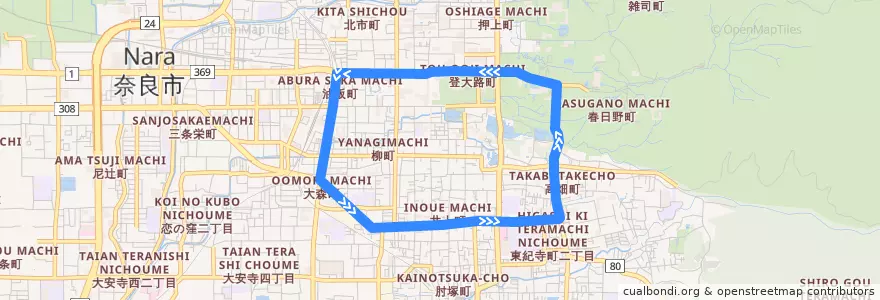 Mapa del recorrido 市内循環・内回り (Nara City Loop line) de la línea  en 奈良市.