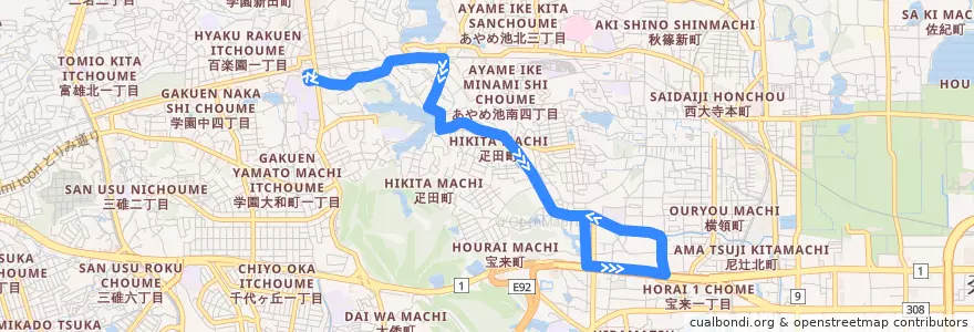 Mapa del recorrido あやめ池循環 (Ayameike Loop Line) de la línea  en 奈良市.
