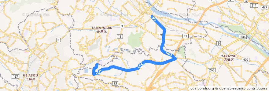 Mapa del recorrido 五所塚線　登戸駅(生田緑地口) => 鷲ヶ峰営業所前 de la línea  en 川崎市.