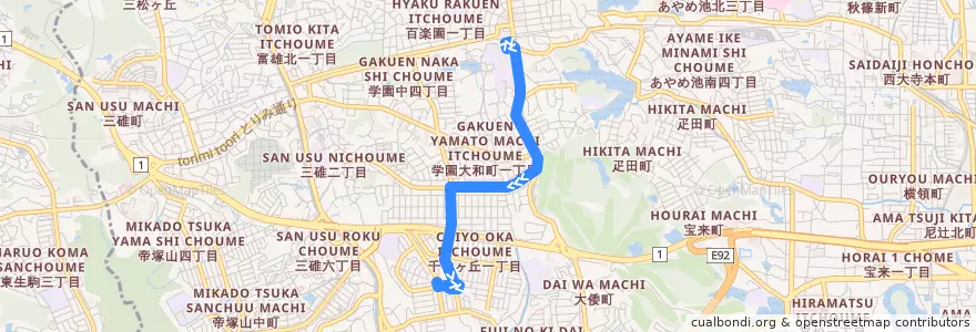 Mapa del recorrido 学園前駅（南） - 学園大和町 - 西千代ヶ丘二丁目 (Gakuemmae Station to Nishichiyogaoka 2-chome via Gakuendaiwa-cho) de la línea  en 奈良市.