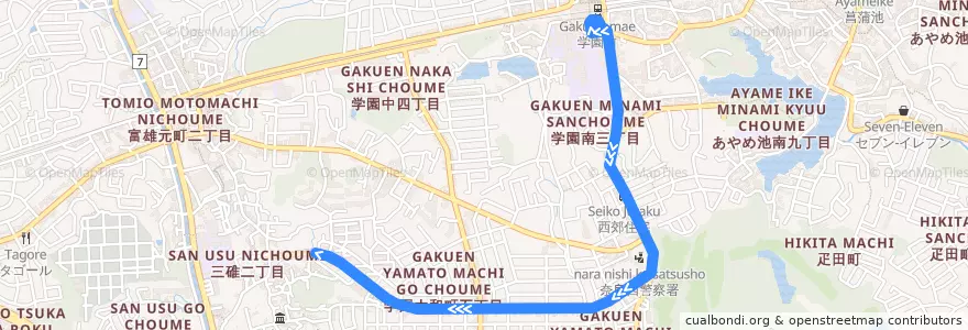 Mapa del recorrido 学園前駅（南） - 学園大和町五丁目 (Gakuemmae Station to Gakuendaiwa-cho 5-chome) de la línea  en 奈良市.