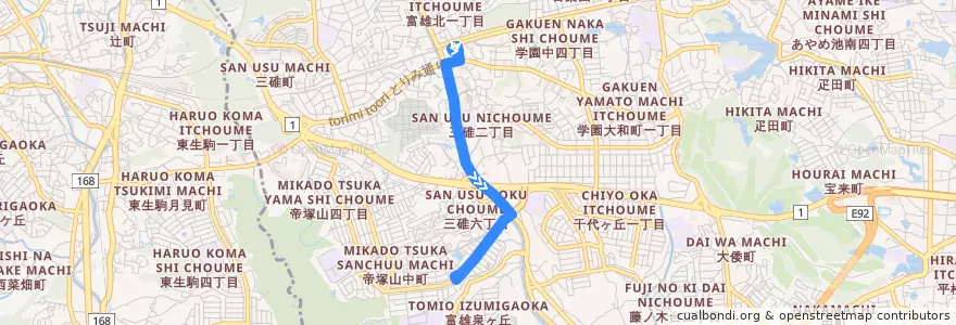 Mapa del recorrido 富雄駅 - 帝塚山南四丁目 (Tomio Station to Tezukayamaminami 4-chōme) de la línea  en 奈良市.