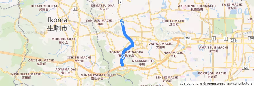 Mapa del recorrido 富雄 - 近畿大学 (Tomio to Kinki University) de la línea  en 奈良市.