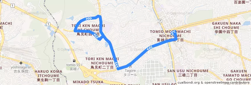 Mapa del recorrido 富雄駅 → ショッピングセンター前(Tomio Station to Shopping Center Mae) de la línea  en 奈良市.
