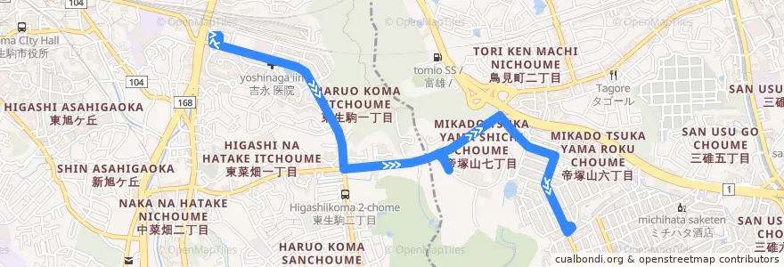 Mapa del recorrido 東生駒駅 - 帝塚山大学 - 帝塚山住宅 (Higashi-Ikoma Station to Tezukayama Jutaku via Tezukayama University) de la línea  en Prefettura di Nara.