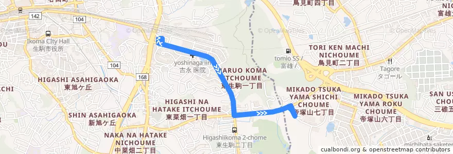 Mapa del recorrido 東生駒駅 - 帝塚山大学 (Higashi-Ikoma Station to Tezukayama University) de la línea  en 나라현.