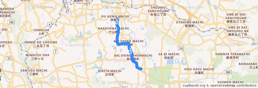 Mapa del recorrido 平城中山 → 西大寺駅 (Heijō Nakayam to Saidaiji Station) de la línea  en 奈良市.