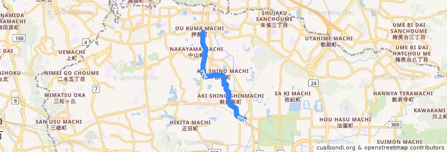 Mapa del recorrido 西大寺駅 - 押熊 (Saidaiji Station to Oshikuma) de la línea  en 奈良市.