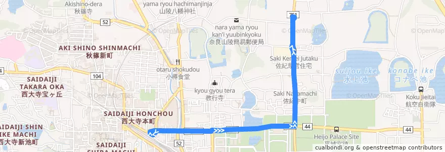 Mapa del recorrido 西大寺駅 - 歌姫町 (Saidaiji Station to Utahime-cho) de la línea  en 奈良市.