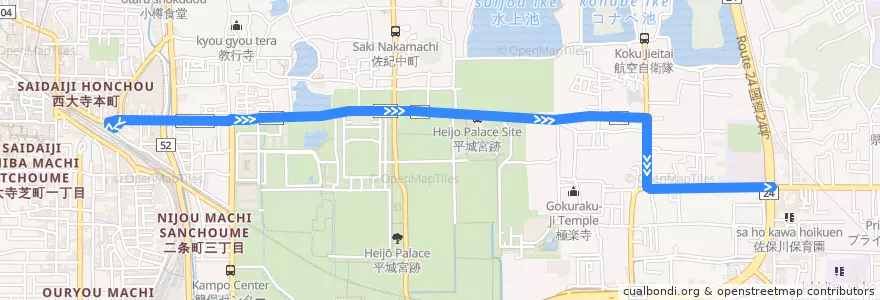 Mapa del recorrido 西大寺駅 → 一条高校前 (Saidaiji-Station to Ichijo Senior Highschool) de la línea  en 奈良市.