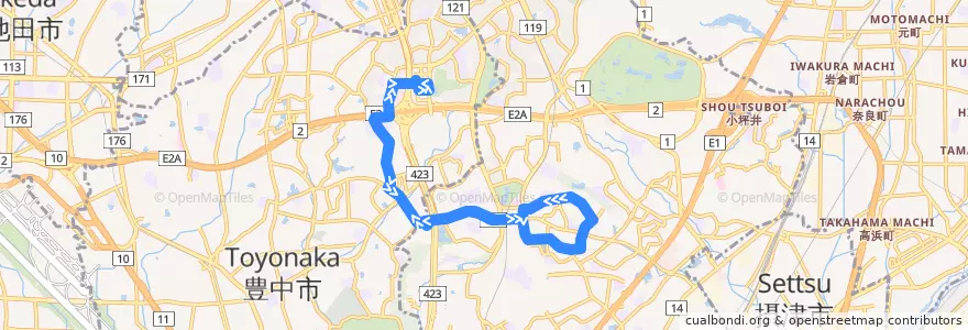 Mapa del recorrido 69: 千里中央→佐竹台・高野台（循環）→千里中央 de la línea  en Prefettura di Osaka.