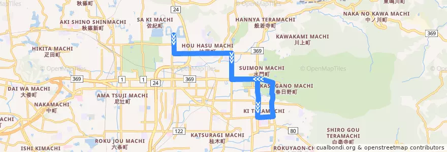 Mapa del recorrido 高畑町 - 航空自衛隊 (Takabatake-cho to Koku Jieitai) de la línea  en 奈良市.