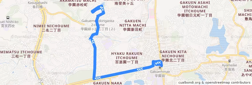 Mapa del recorrido 学園前駅（北） - 学園緑ヶ丘一丁目 (Gakuemmae Station to Gakuemmidorigaoka 1-chome) de la línea  en 奈良市.