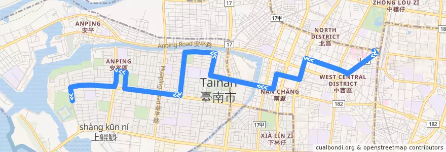 Mapa del recorrido 14路(正線_往程) de la línea  en 臺南市.