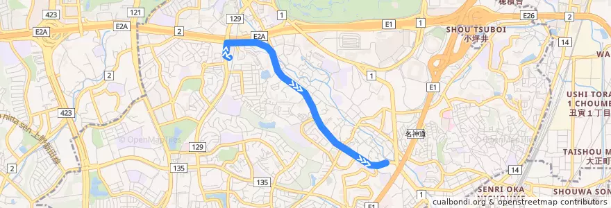 Mapa del recorrido 16: 阪急山田→下山田 de la línea  en 吹田市.
