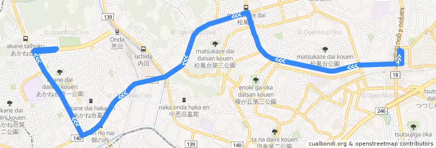Mapa del recorrido 恩田線 de la línea  en 青葉区.