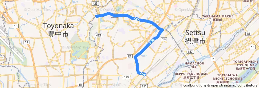 Mapa del recorrido 5: JR吹田北口→桃山台駅前 de la línea  en 吹田市.