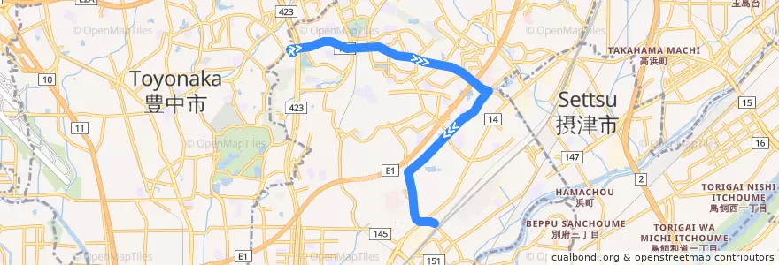 Mapa del recorrido 5: 桃山台駅前→JR吹田北口 de la línea  en 吹田市.