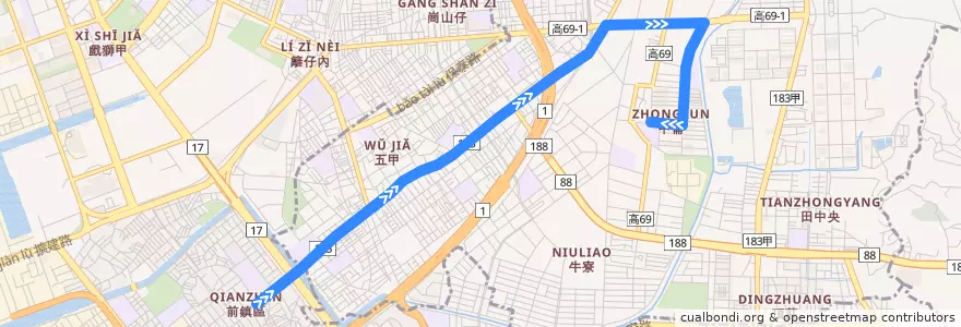 Mapa del recorrido 五甲幹線A(往程) de la línea  en Kaohsiung.