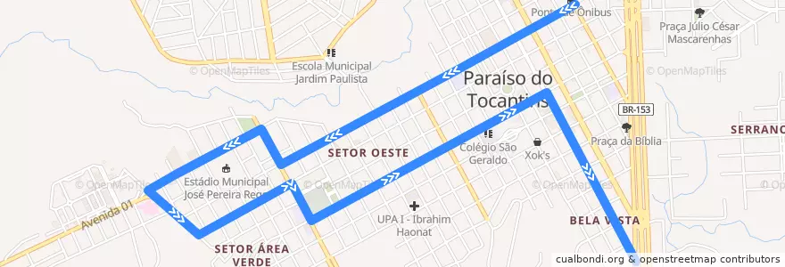 Mapa del recorrido 1 - Hospital / Centro / Vila Regina de la línea  en Paraíso do Tocantins.