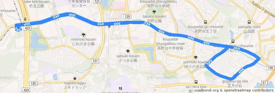 Mapa del recorrido 9: 桃山台駅前→亥子谷（循環）→桃山台駅前 de la línea  en 吹田市.