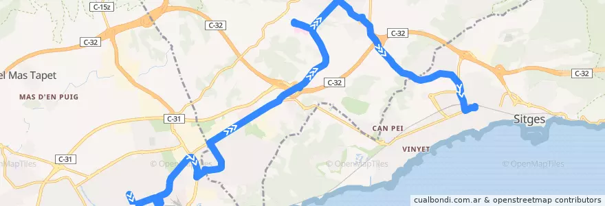Mapa del recorrido Vilanova i la Geltrú - Sant Pere de Ribes - Sitges de la línea  en Garraf.