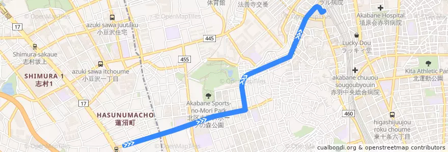 Mapa del recorrido 赤52-2 de la línea  en 北区.