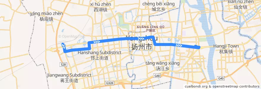 Mapa del recorrido 26路 de la línea  en 양저우시.