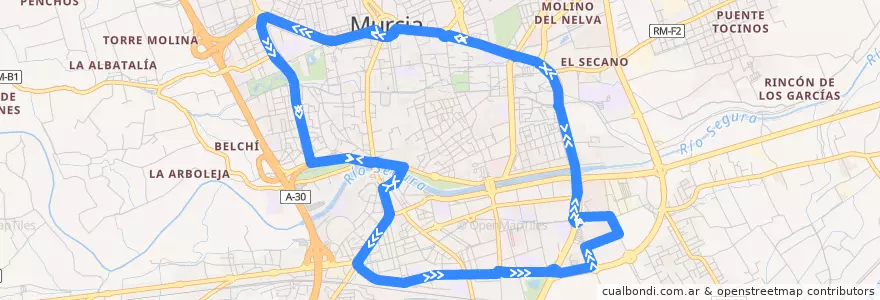 Mapa del recorrido Bus C3: Plaza Circular → Glorieta de la línea  en Área Metropolitana de Murcia.
