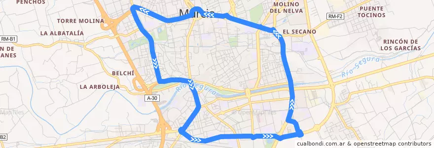Mapa del recorrido Bus C4: Plaza Circular → Ciudad de la Justicia de la línea  en Área Metropolitana de Murcia.