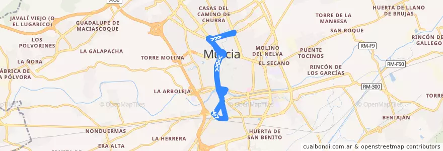 Mapa del recorrido Avenida Avenarabi - Estación FF.CC. El Carmen de la línea  en Área Metropolitana de Murcia.