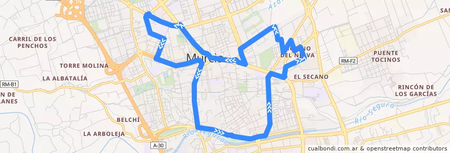 Mapa del recorrido Plaza Circular - Hospital Reina Sofía de la línea  en Área Metropolitana de Murcia.