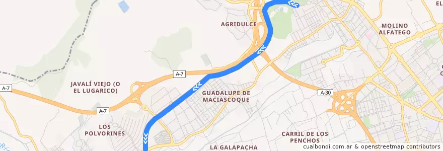 Mapa del recorrido Tranvía L1B: Los Rectores - Terra Natura <=> UCAM - Los Jerónimos de la línea  en Área Metropolitana de Murcia.
