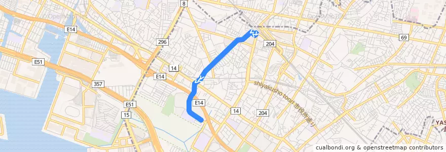Mapa del recorrido バス: 谷津線: 津71: 津田沼駅 -> 谷津干潟 de la línea  en 習志野市.